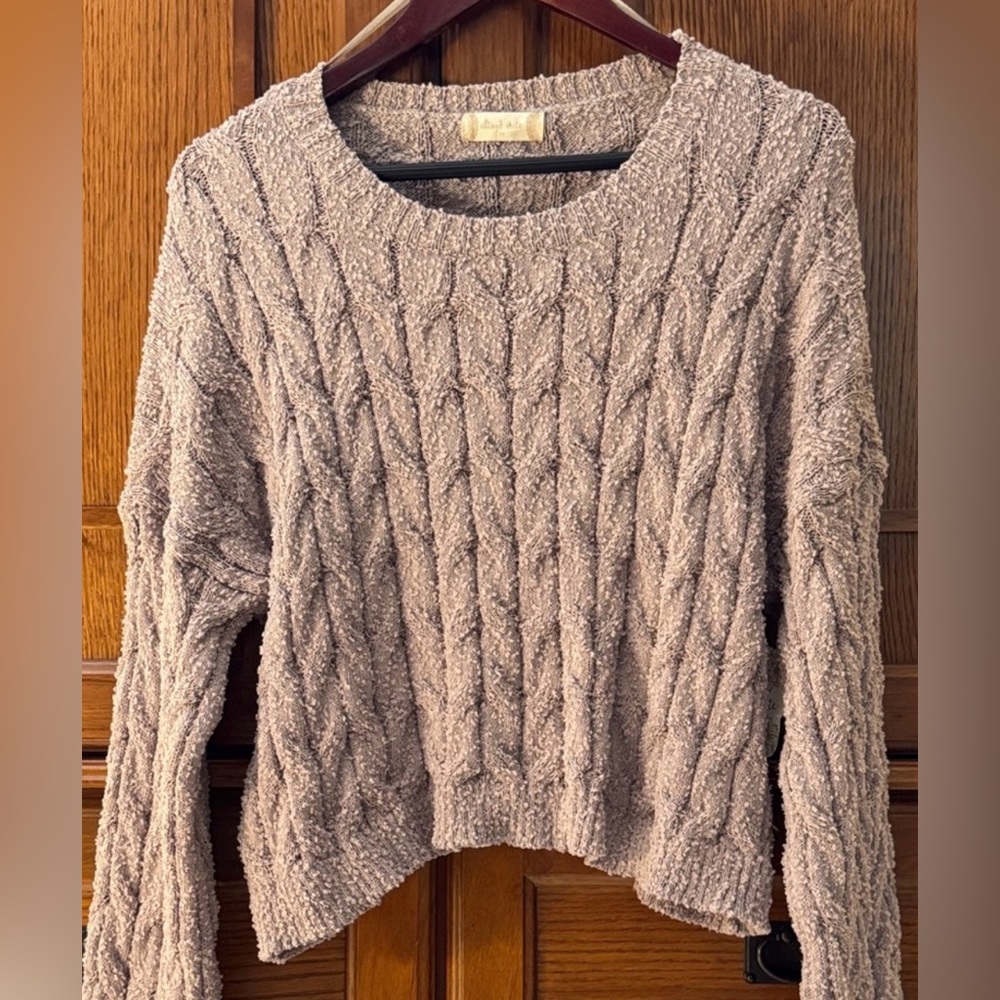 NWT Altar'd State Classic Crewneck Cable Knit Pullover Cropped Sweater Mocha